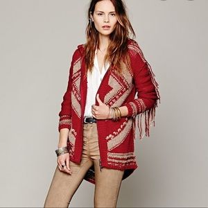 Free People Geo fringe hooded knit cardigan